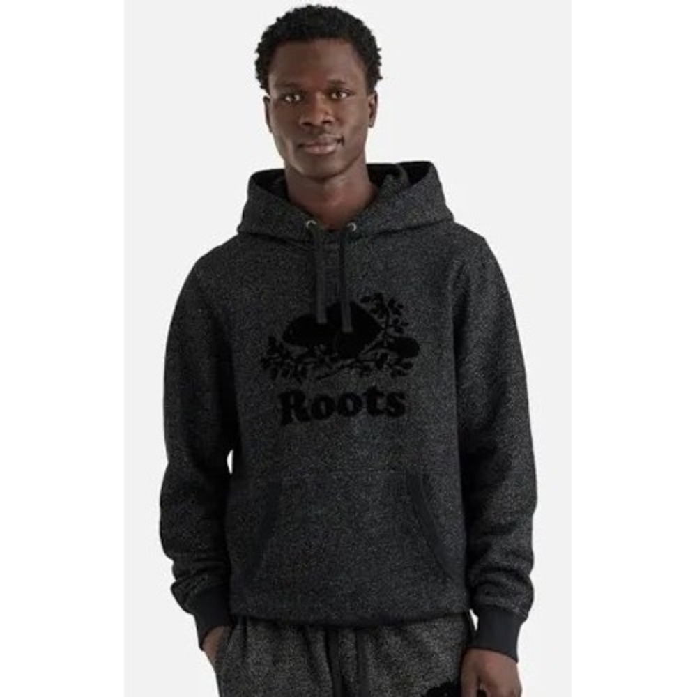 Roots Canada Mens Salt and Pepper Hoodie Charcoal Grey Flocked Beaver Logo M